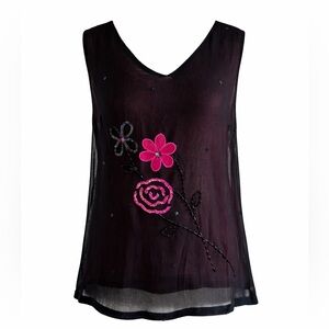 Momentum Clothing Sheer Black Embroidered Floral Tank Top Beaded Boho M